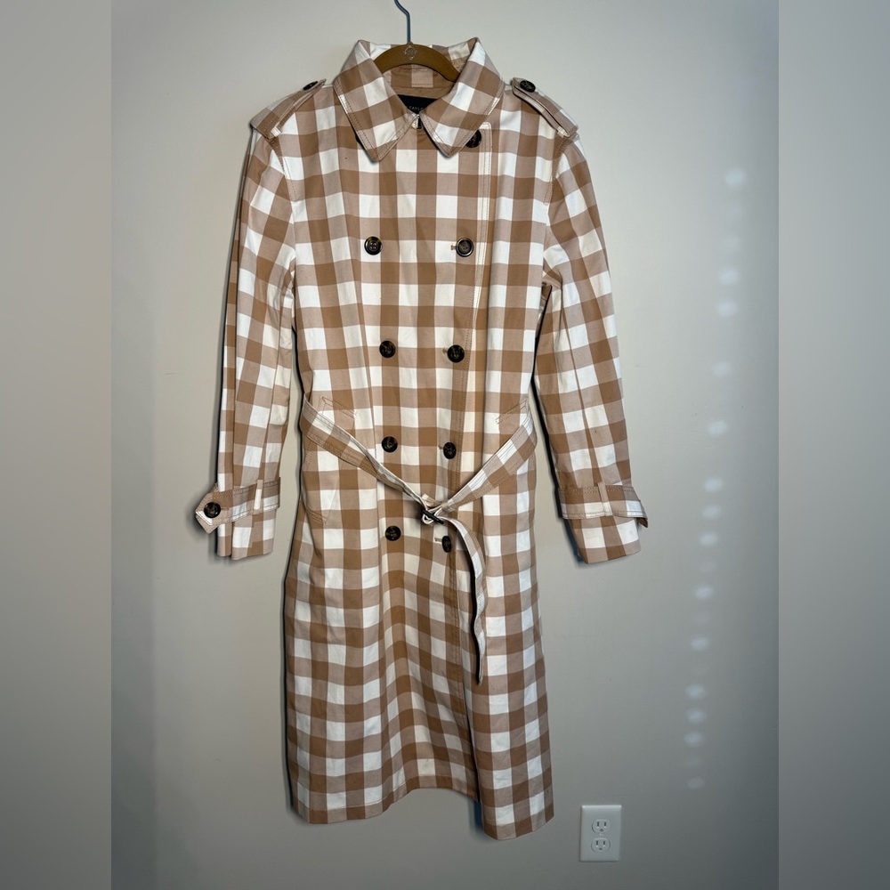 Ann Taylor Trench Coat Womens Medium Tan White Checked Double-Breasted Classic - Picture 2 of 5